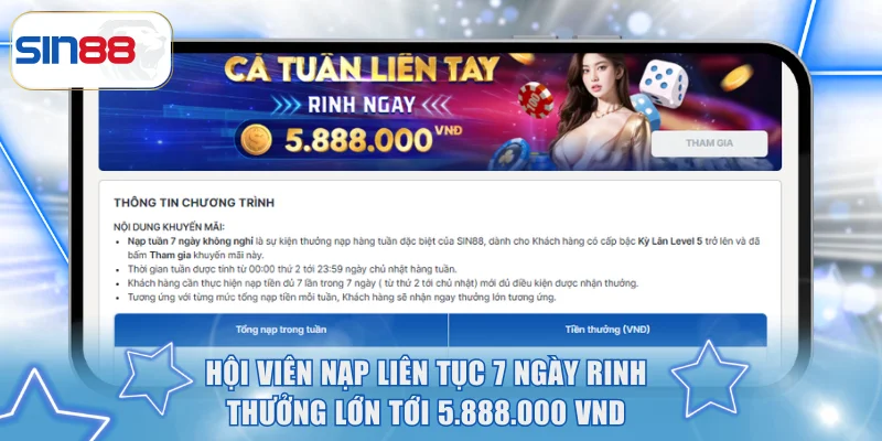 Hội viên nạp liên tục 7 ngày rinh thưởng lớn tới 5.888.000 VND