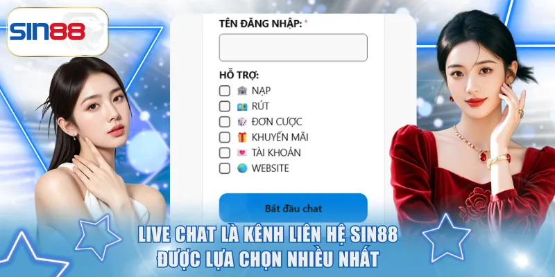 Liên Hệ SIN88 - Tổng Hợp Các Kênh Hỗ Trợ Khách Hàng Chuẩn 1 Live chat là kênh liên hệ SIN88 được lựa chọn nhiều nhất
